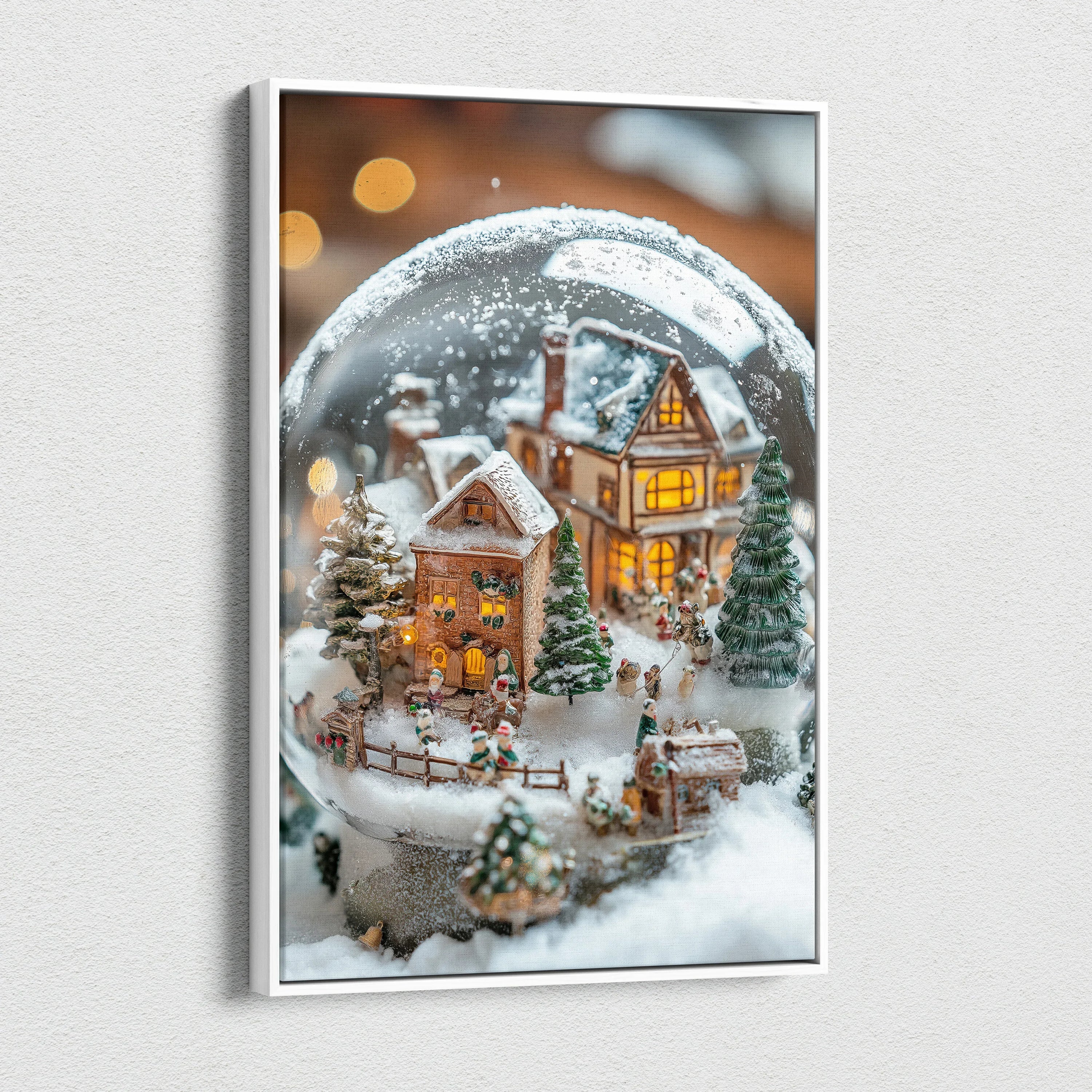 Canvas wall art featuring a detailed snowy village scene inside a glass snow globe with warm glowing houses and pine trees.