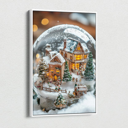 Canvas wall art featuring a detailed snowy village scene inside a glass snow globe with warm glowing houses and pine trees.