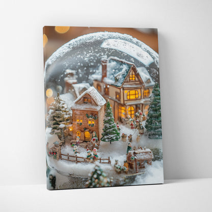 Canvas wall art featuring a detailed snowy winter village scene inside a glowing snow globe with warm sunset lighting.