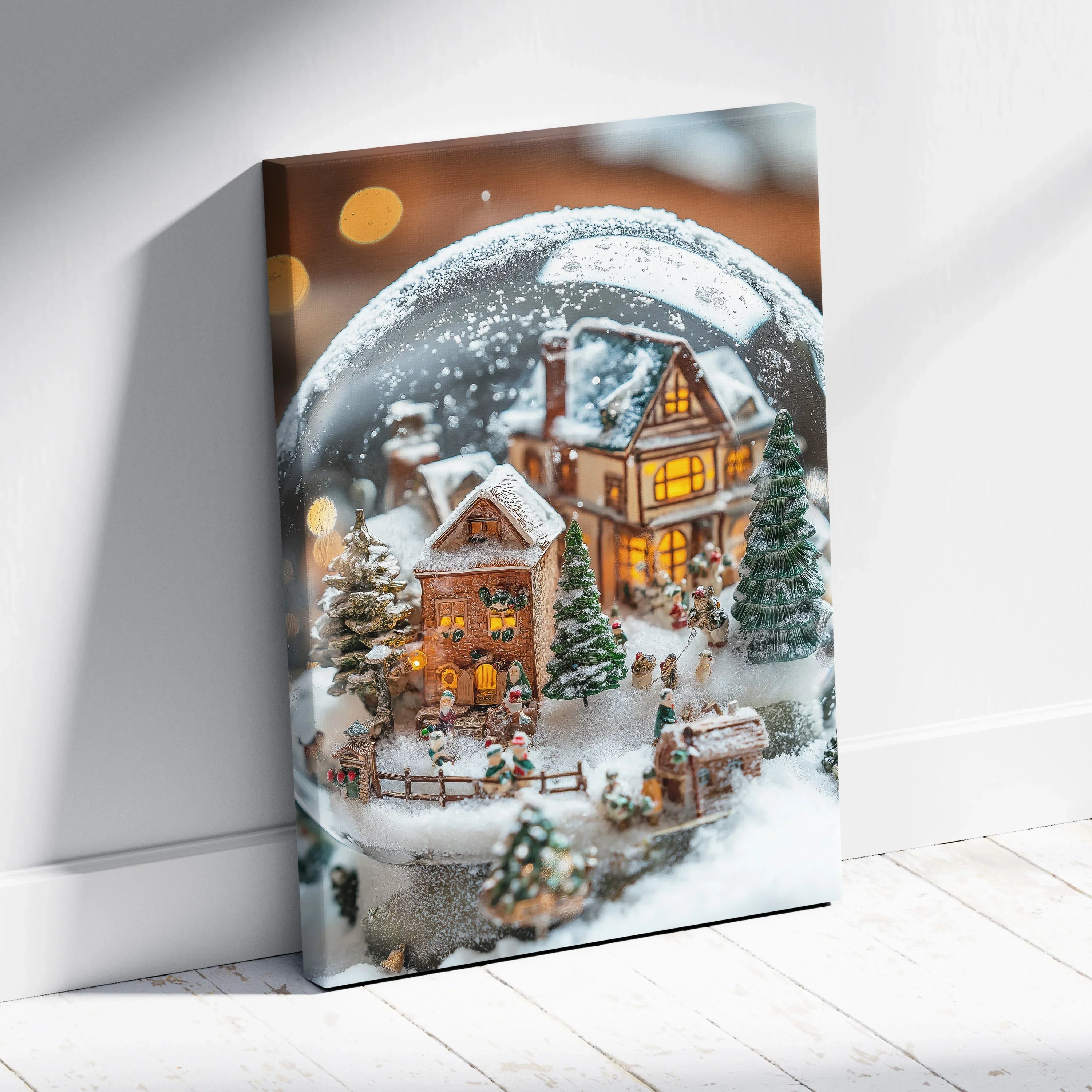 Canvas wall art featuring a snow globe with a cozy winter village, warm lights, and a sunset backdrop.