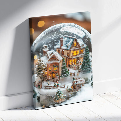 Canvas wall art featuring a snow globe with a cozy winter village, warm lights, and a sunset backdrop.