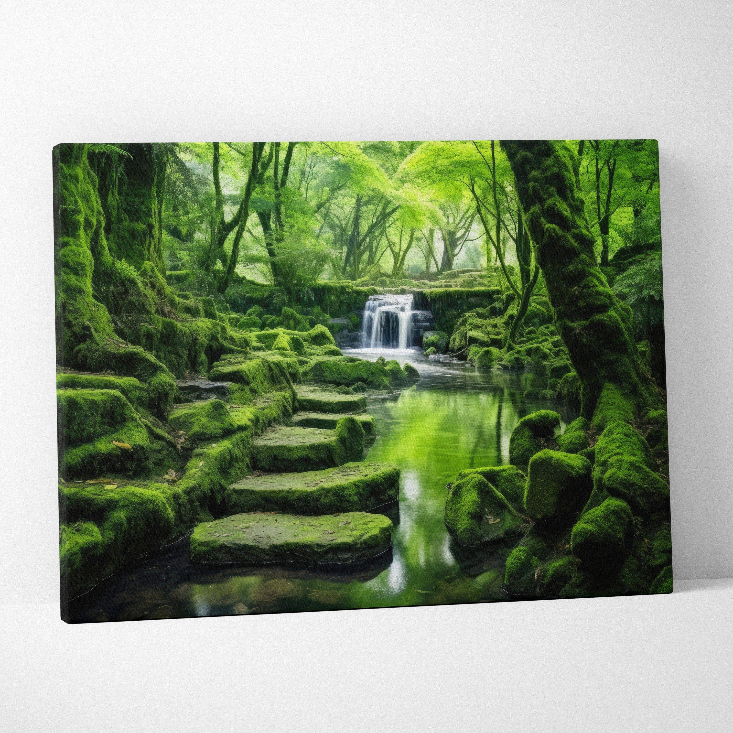 Canvas wall art featuring a serene forest scene with moss-covered rocks and a small waterfall.