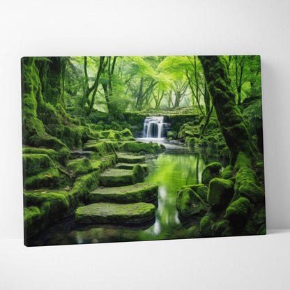 Canvas wall art featuring a serene forest scene with moss-covered rocks and a small waterfall.