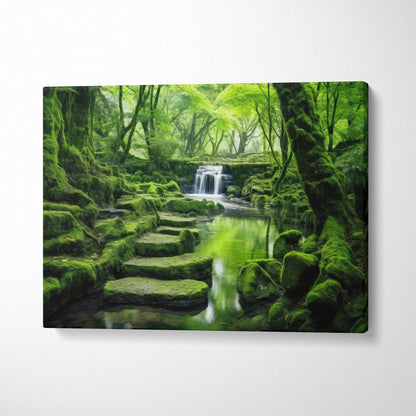 Serene forest canvas wall art with moss-covered rocks, steps, and lush green foliage decor.