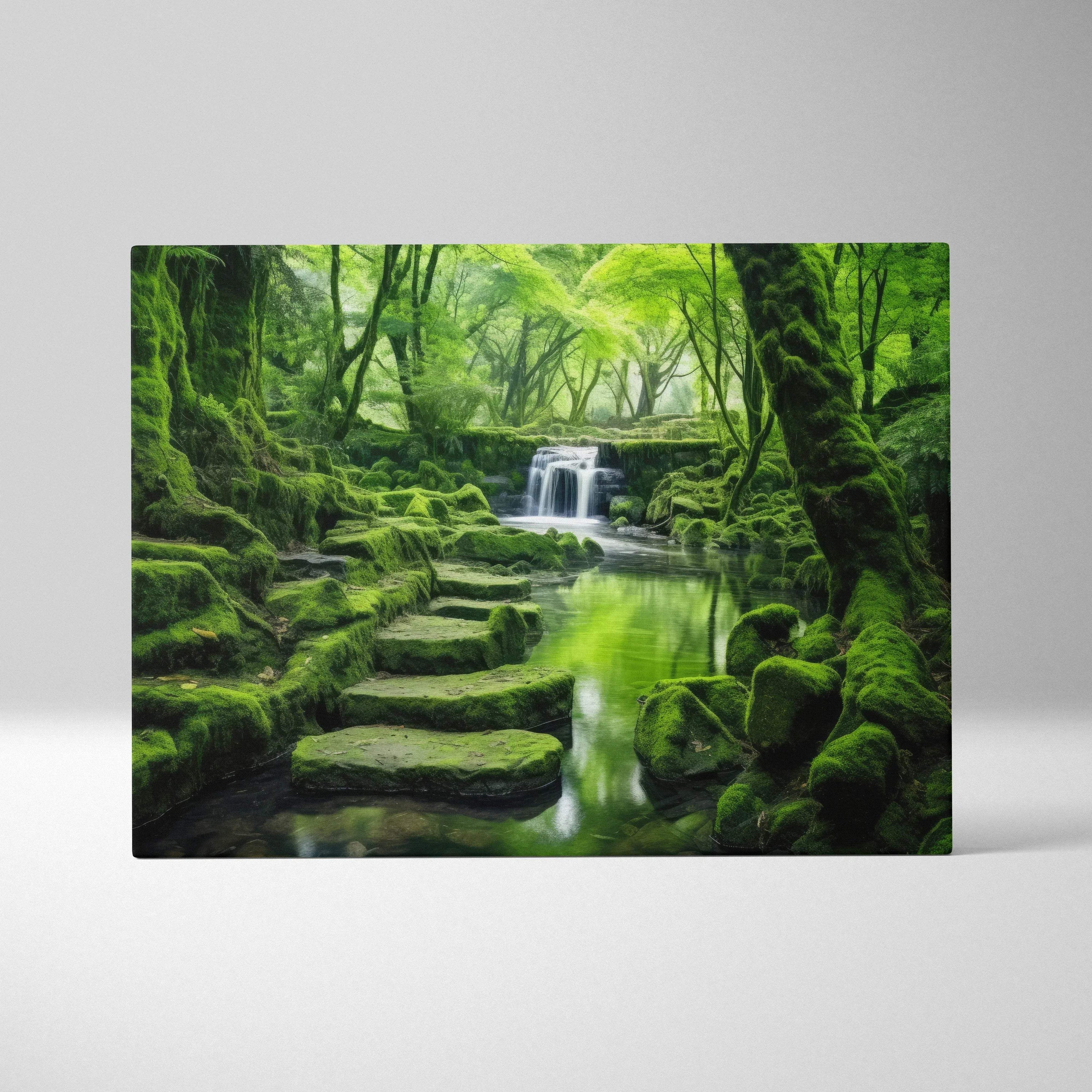 Serene forest wall art canvas print with moss-covered rocks and cascading waterfall decor.