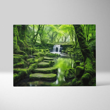 Serene forest wall art canvas print with moss-covered rocks and cascading waterfall decor.