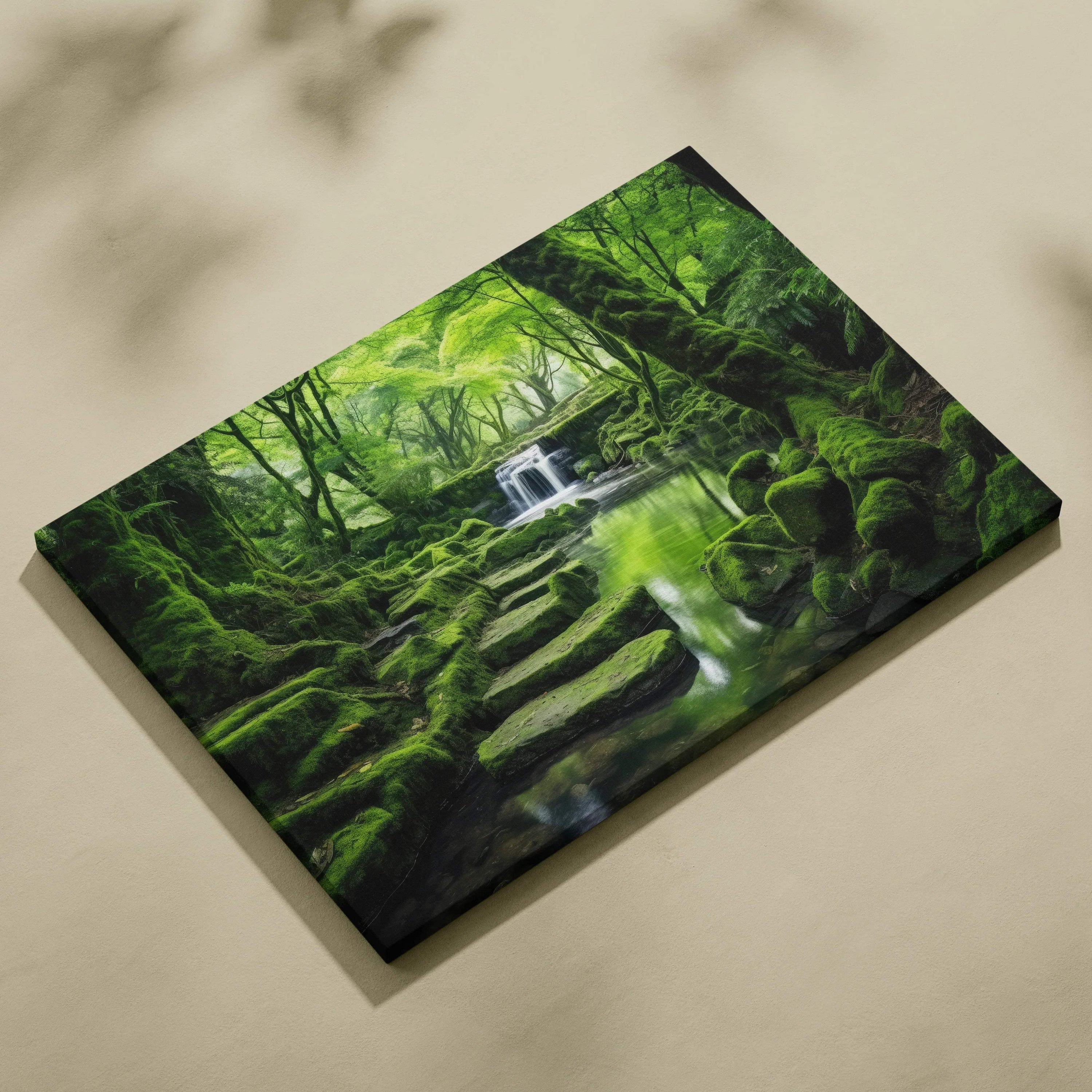Serene forest canvas wall art with moss-covered rocks, lush green foliage, and a small waterfall decor.