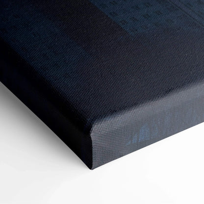Dark-toned canvas art print with subtle architectural digital design, stretched on wooden frame.
