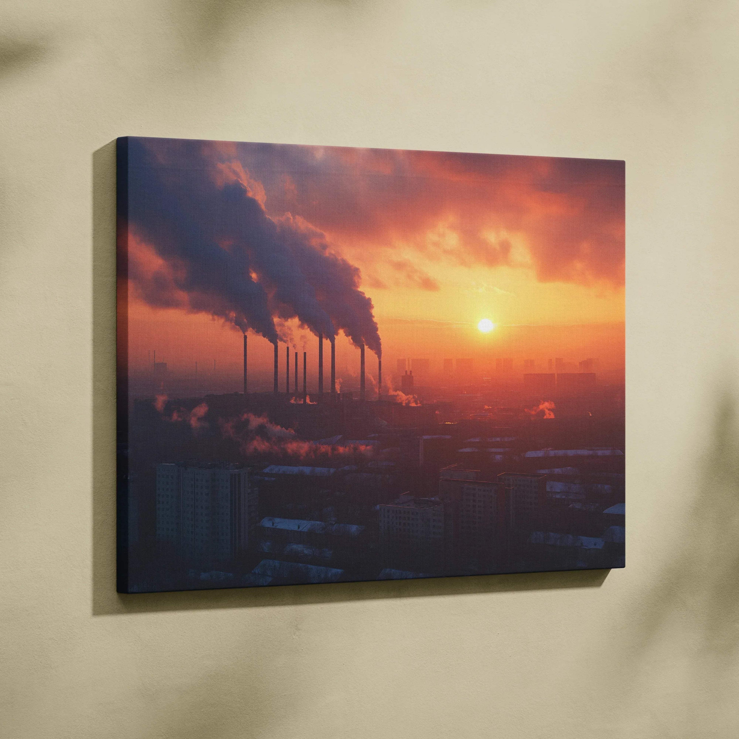 Canvas wall art featuring a cityscape at sunset with factory chimneys emitting smoke.