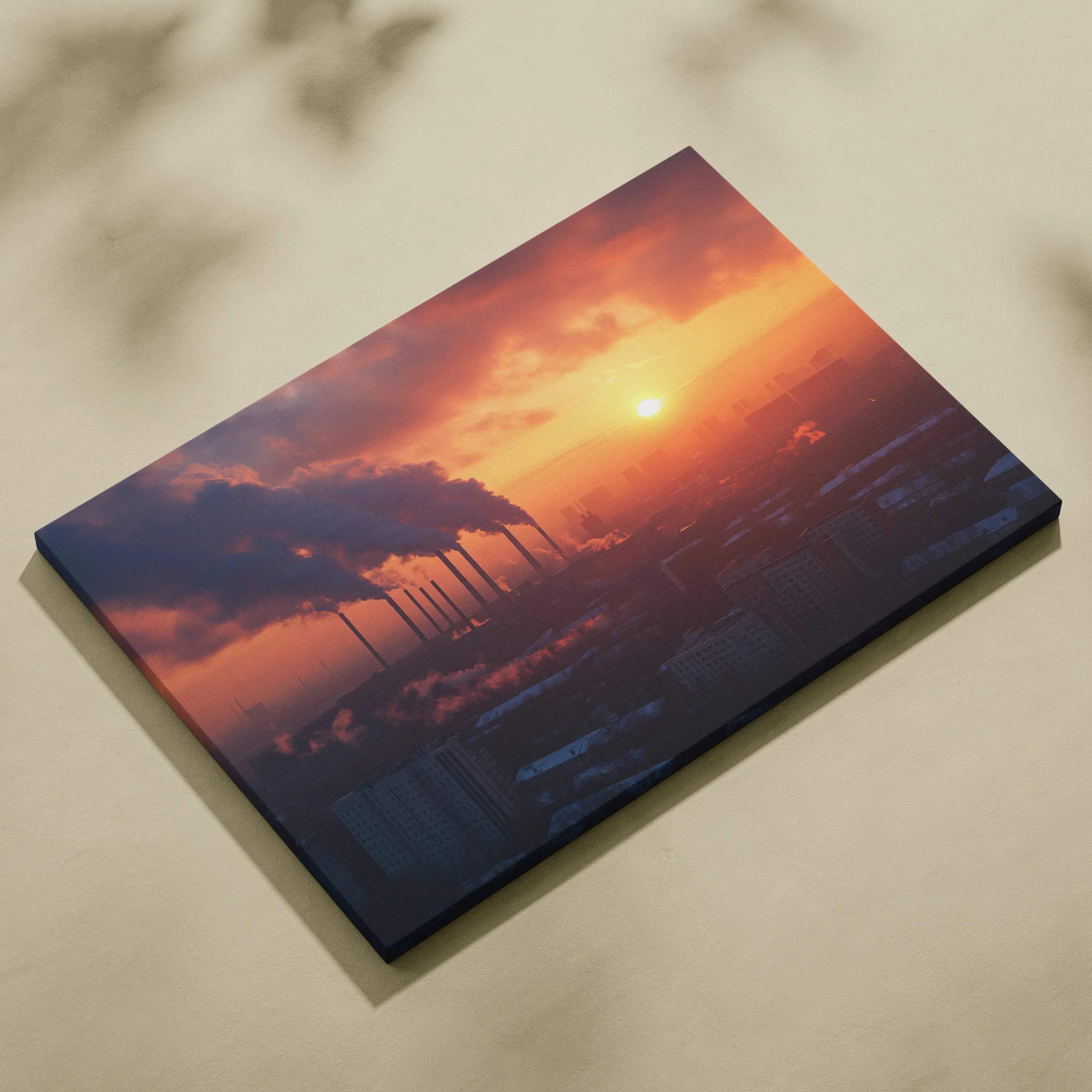 Canvas wall art depicting a city skyline at sunset with industrial smokestacks emitting smoke against an orange sky.