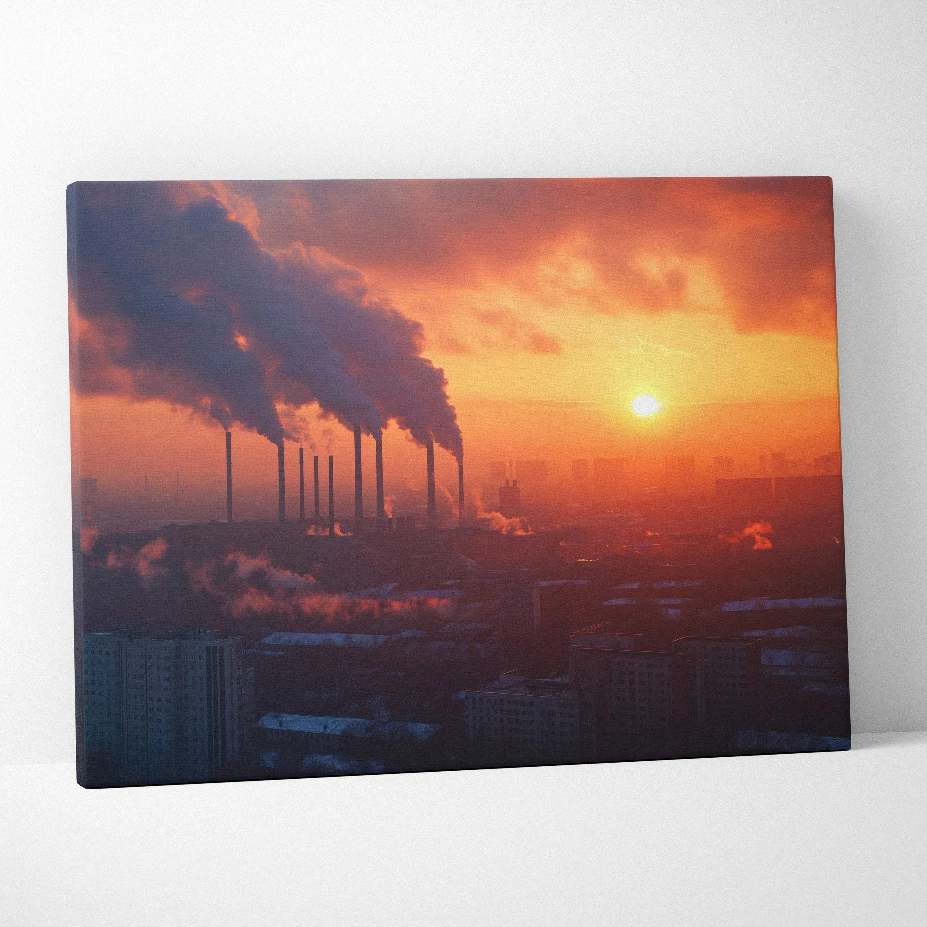 Canvas wall art featuring a cityscape with industrial smokestacks emitting smoke under a vibrant orange sunset sky.