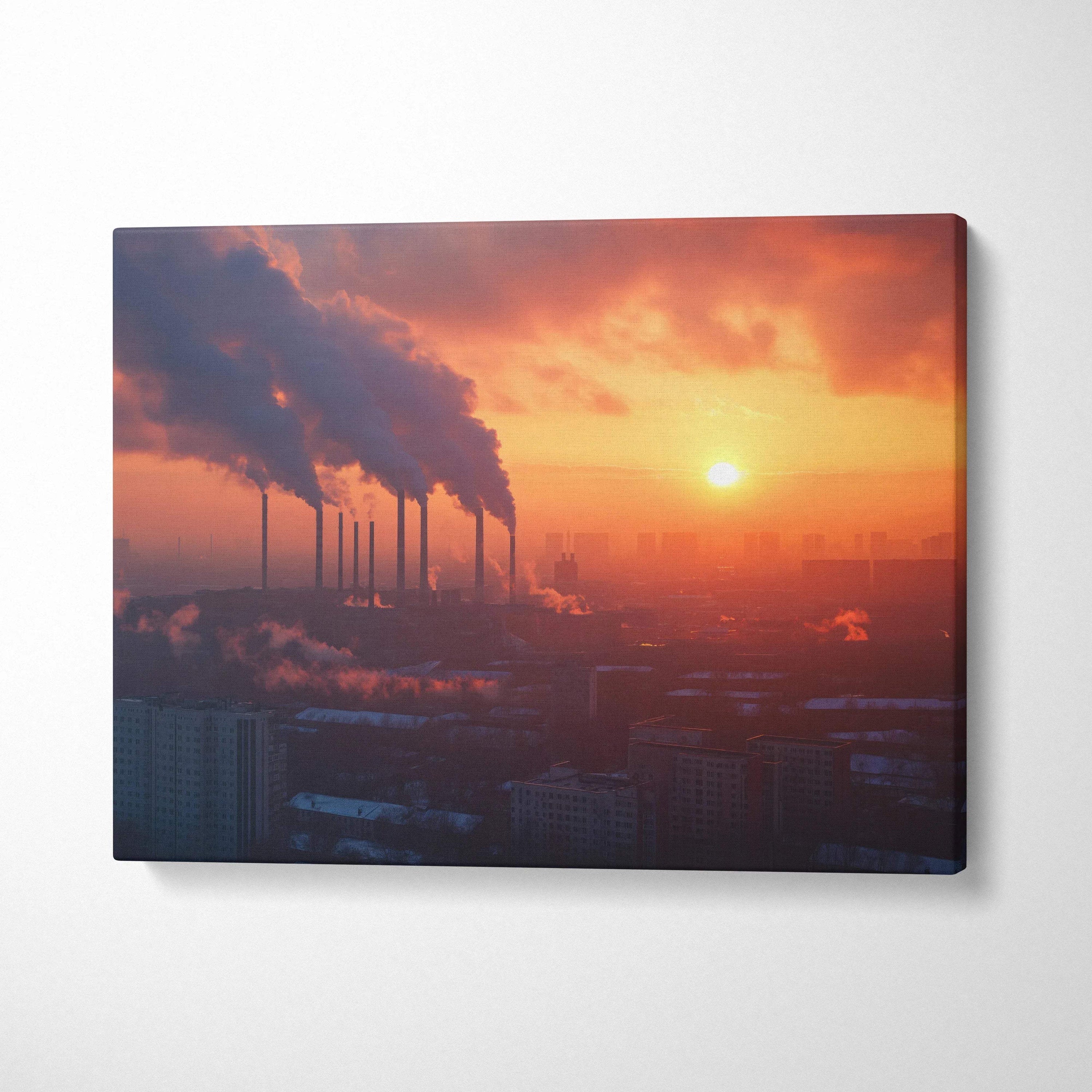 Canvas wall art depicting an industrial cityscape with smokestacks at sunset in warm orange tones.