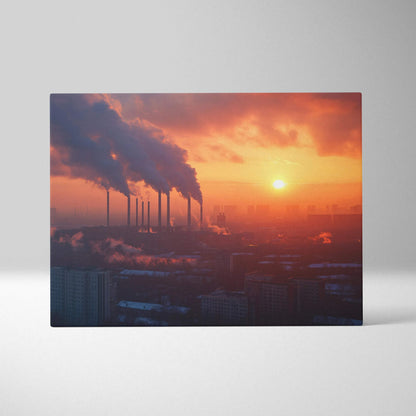 Canvas wall art featuring a digital architectural scene with orange and purple sunset tones and factory smokestacks.