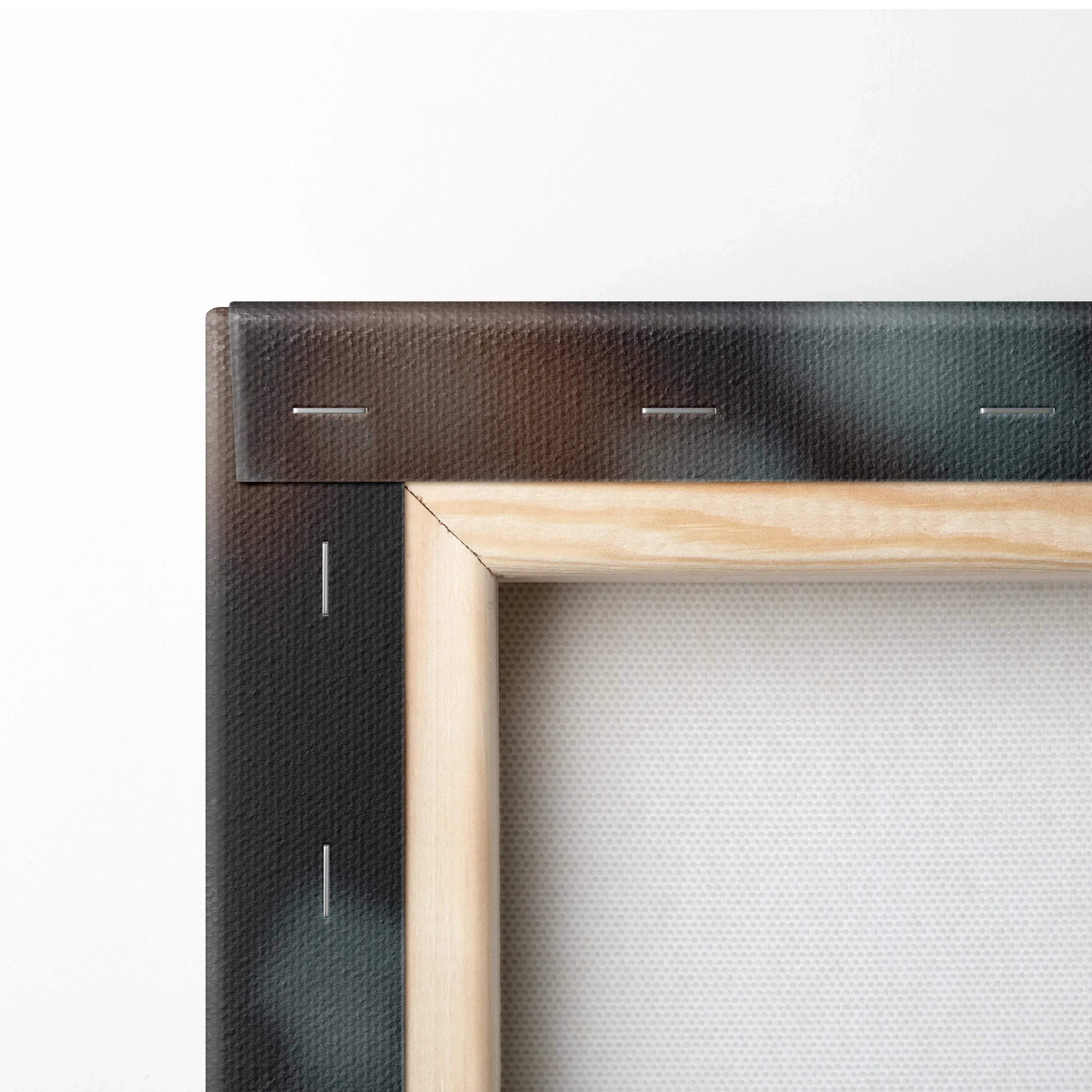 Close-up of wooden frame and white canvas texture with stapled black fabric backing for wall art decor.