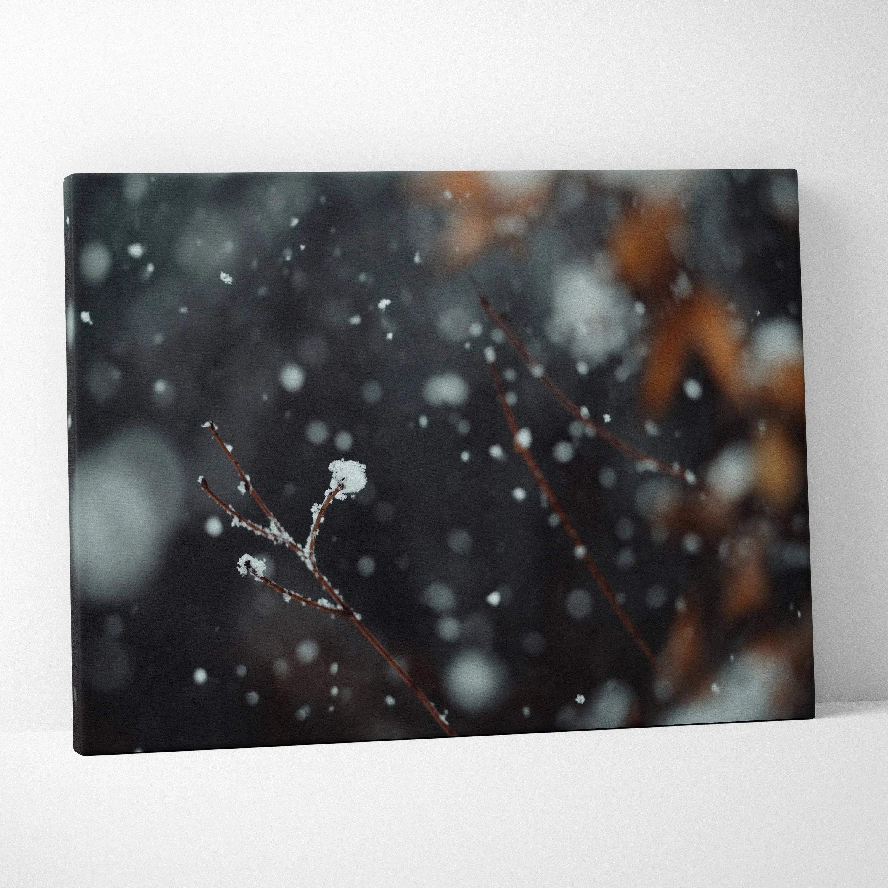Canvas wall art featuring a dark, moody winter scene with blurred snowflakes and delicate snow-covered branches.