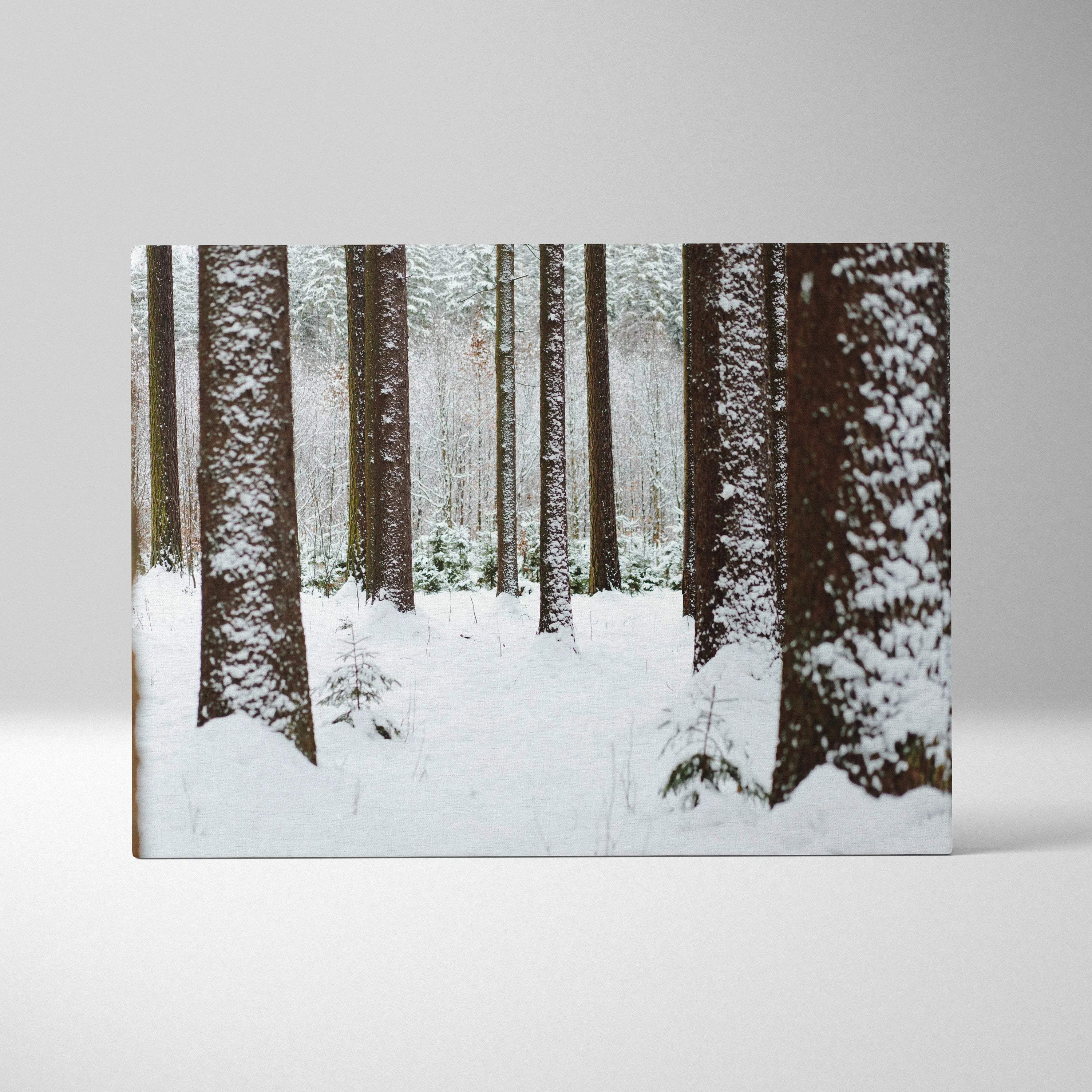 Canvas wall art featuring a snowy forest with tall pine trees covered in fresh white snow and a soft, muted color palette.