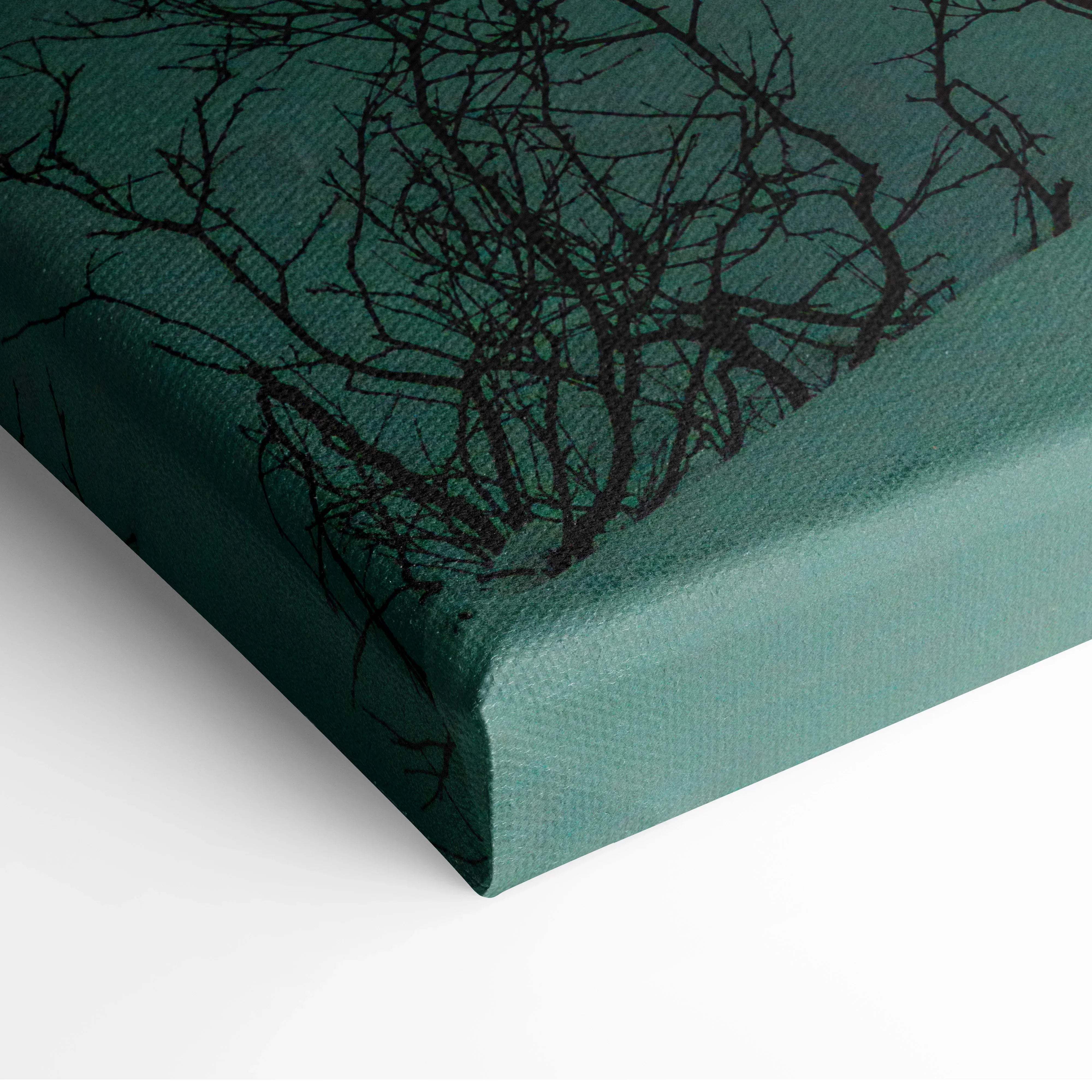 Teal canvas print with black silhouette of bare tree branches in northern lights landscape snowy mountain night scene