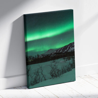 Canvas wall art featuring vibrant green northern lights over snow-covered mountains and a dark forest foreground.