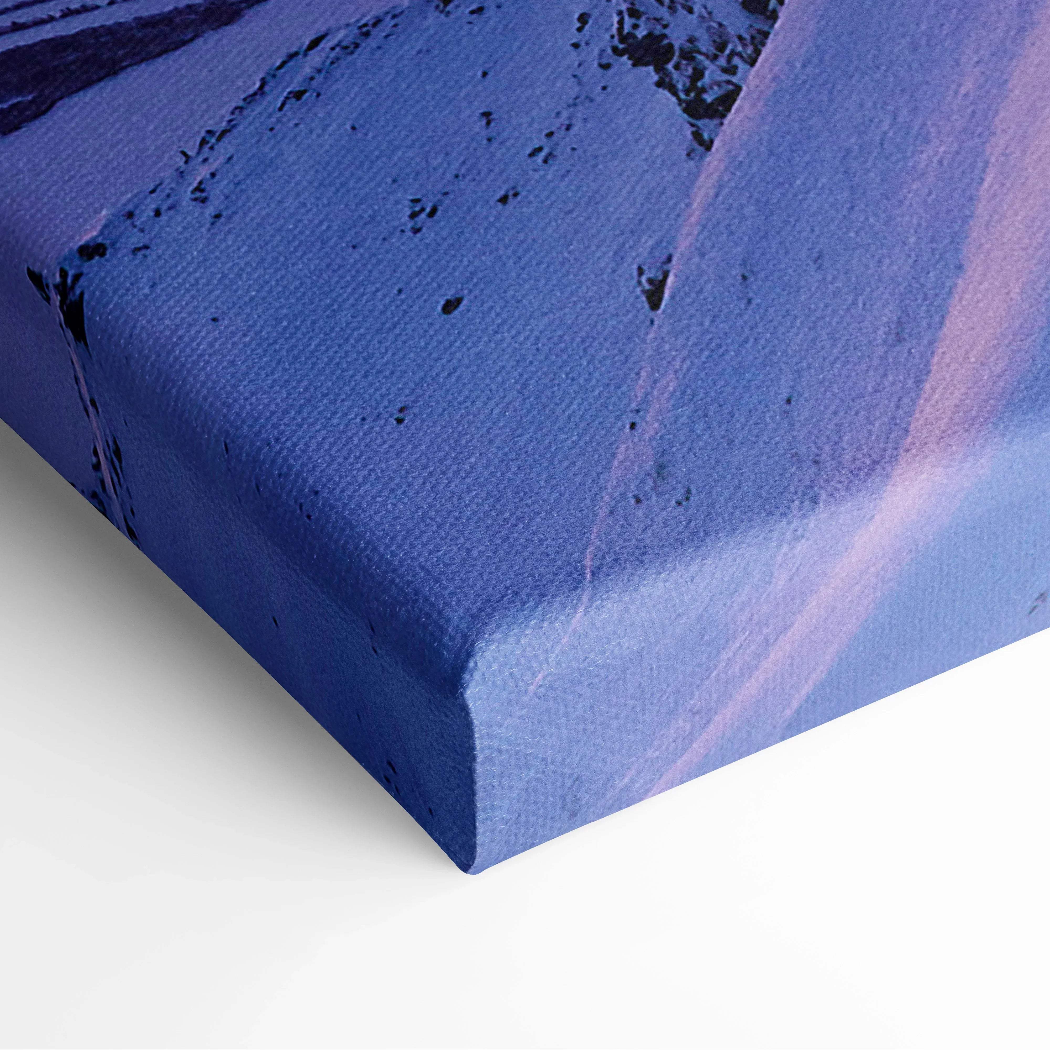 Blue canvas wall art with textured surface and abstract purple and black brushstrokes winter mountain peak design