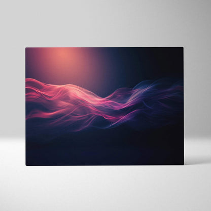 Abstract digital art canvas with vibrant flowing red and purple waves on dark background wall art.