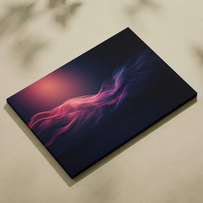 Abstract digital art with neon pink and purple flowing lines on black canvas wall art.