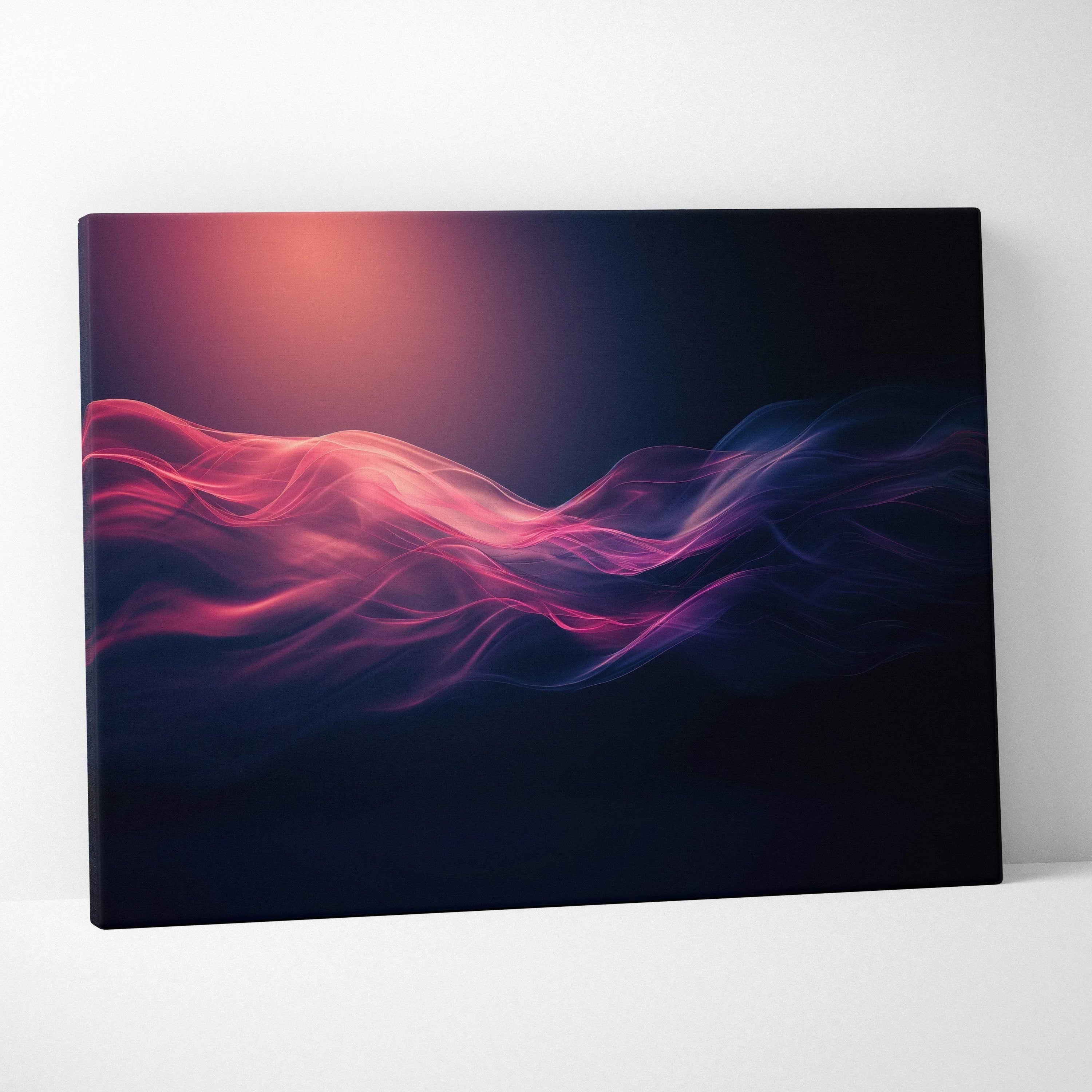 Abstract digital art canvas wall art with vibrant flowing pink and purple light waves on dark background.