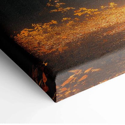 Vivid autumn leaves digital art printed on textured canvas wall art corner close-up.
