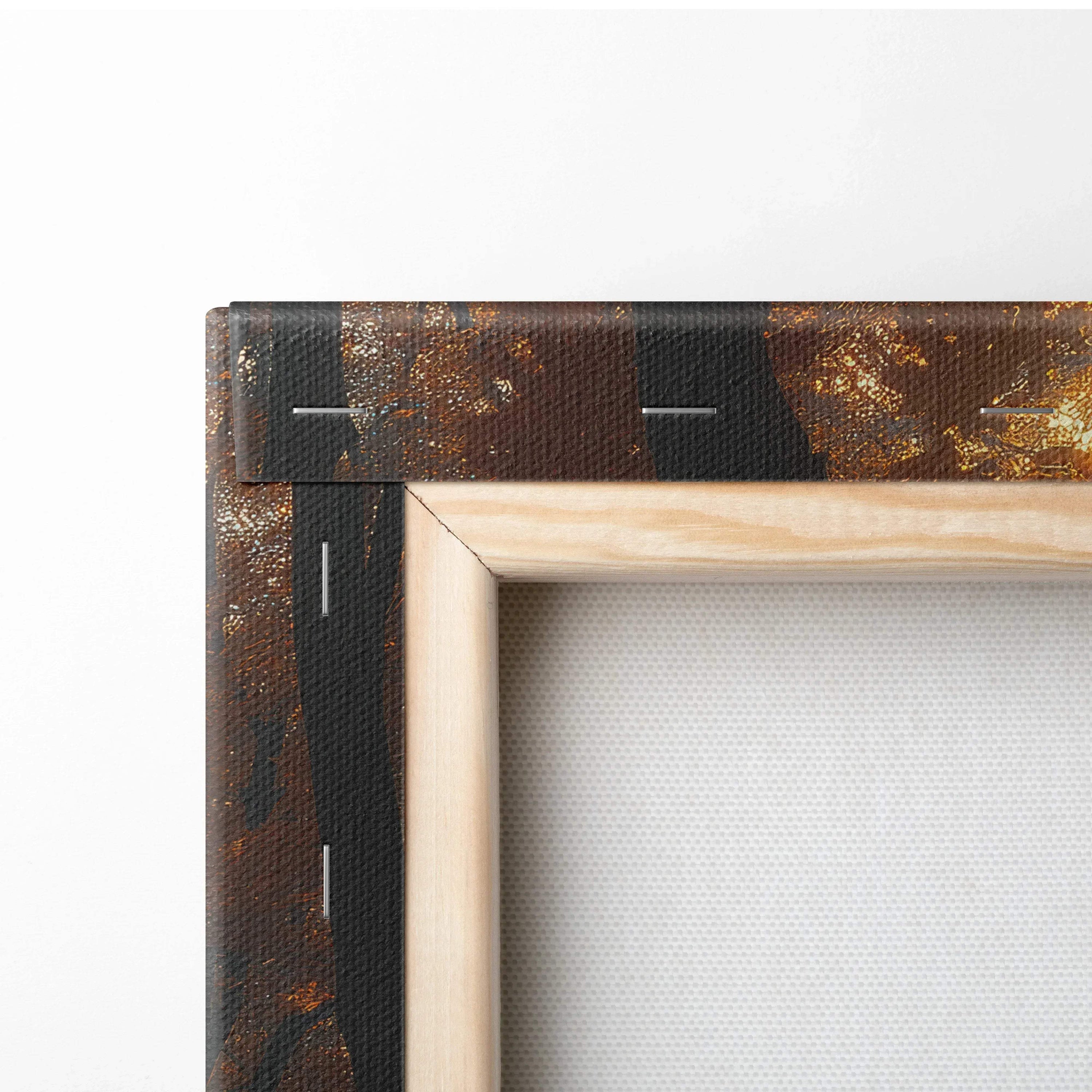 Close-up of corner showing wooden frame and textured autumn nature canvas wall art print.