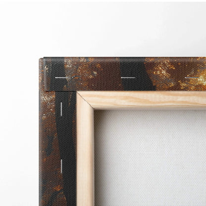 Close-up of corner showing wooden frame and textured autumn nature canvas wall art print.