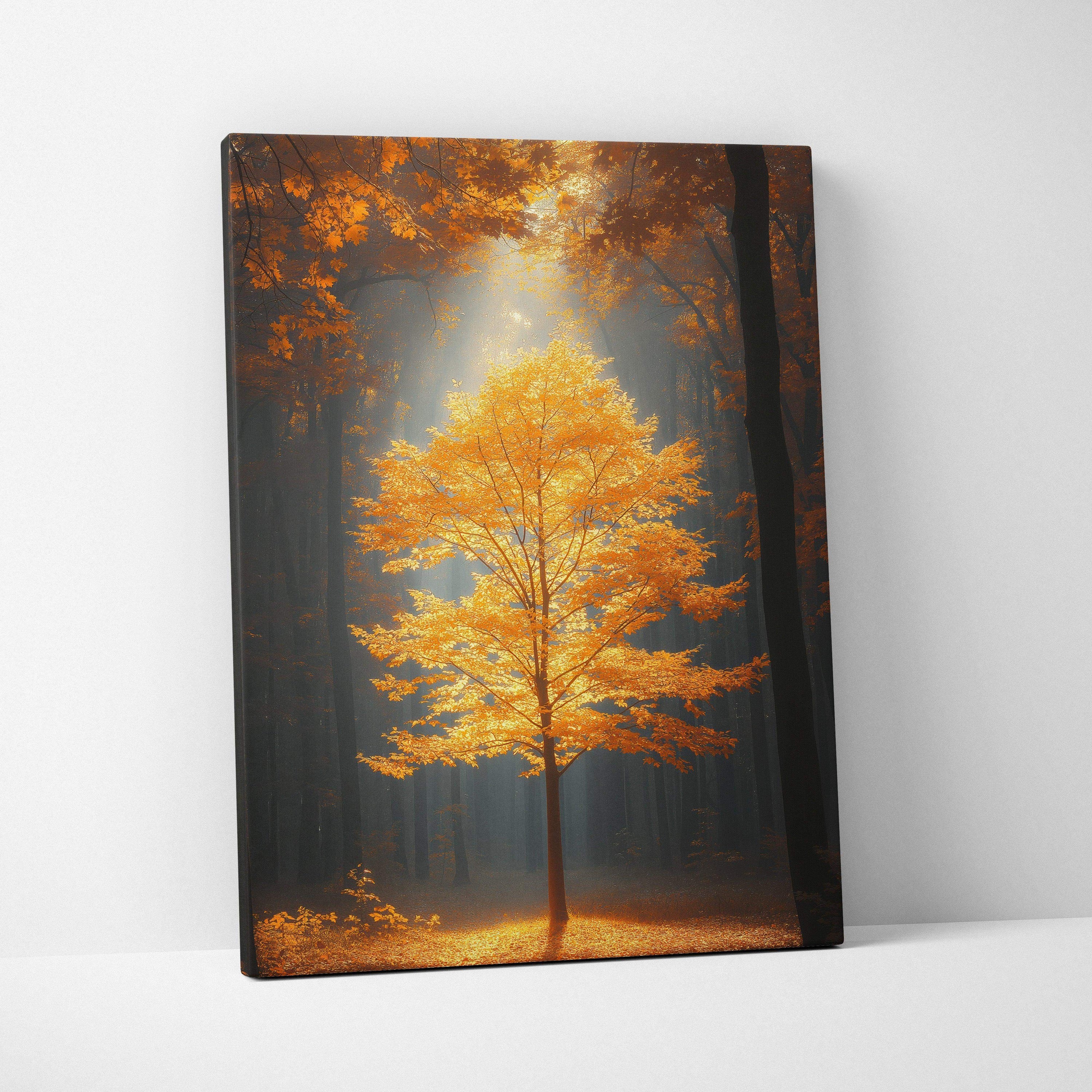 Canvas wall art featuring a glowing orange autumn tree illuminated by soft sunlight in a dark forest setting.