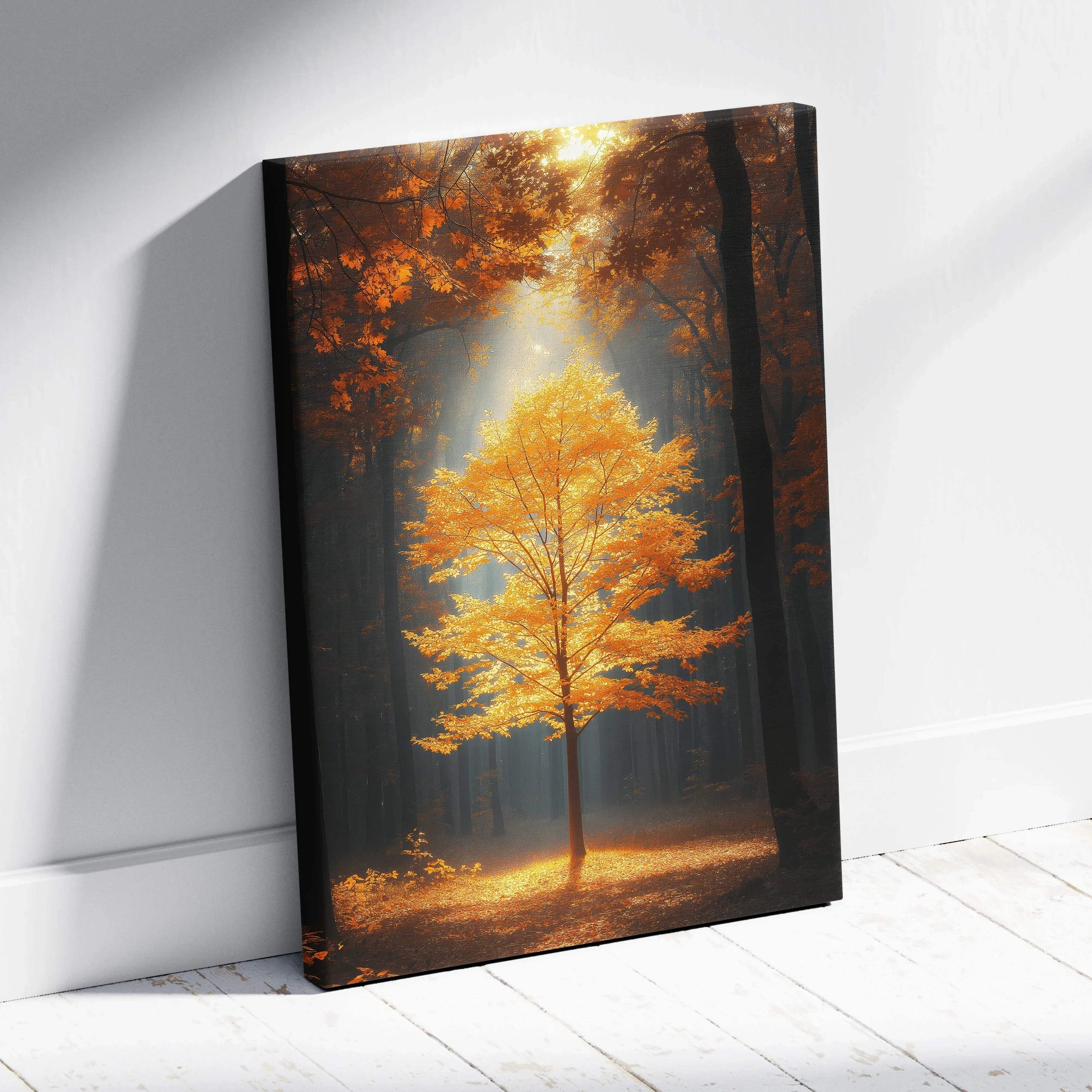 Vivid autumn tree with golden leaves illuminated by sunlight in forest canvas wall art.