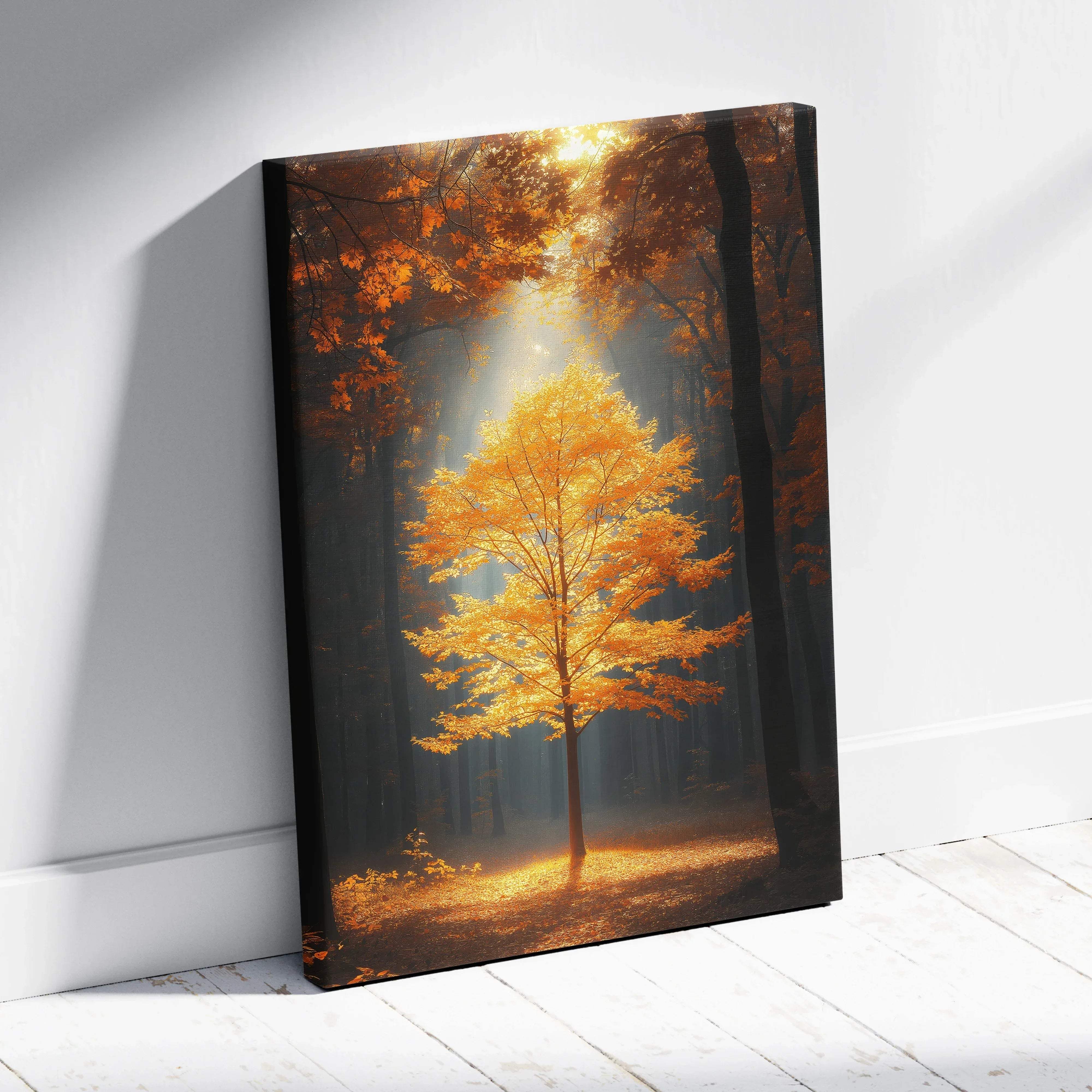 A framed canvas print of a golden tree in sunlight with vibrant orange leaves in a romantic autumn forest setting