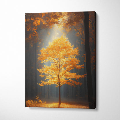 Vertical canvas wall art featuring a glowing golden autumn tree in a dark forest setting.