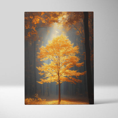 Vertical canvas wall art featuring a glowing orange autumn tree with sunlight filtering through forest background.