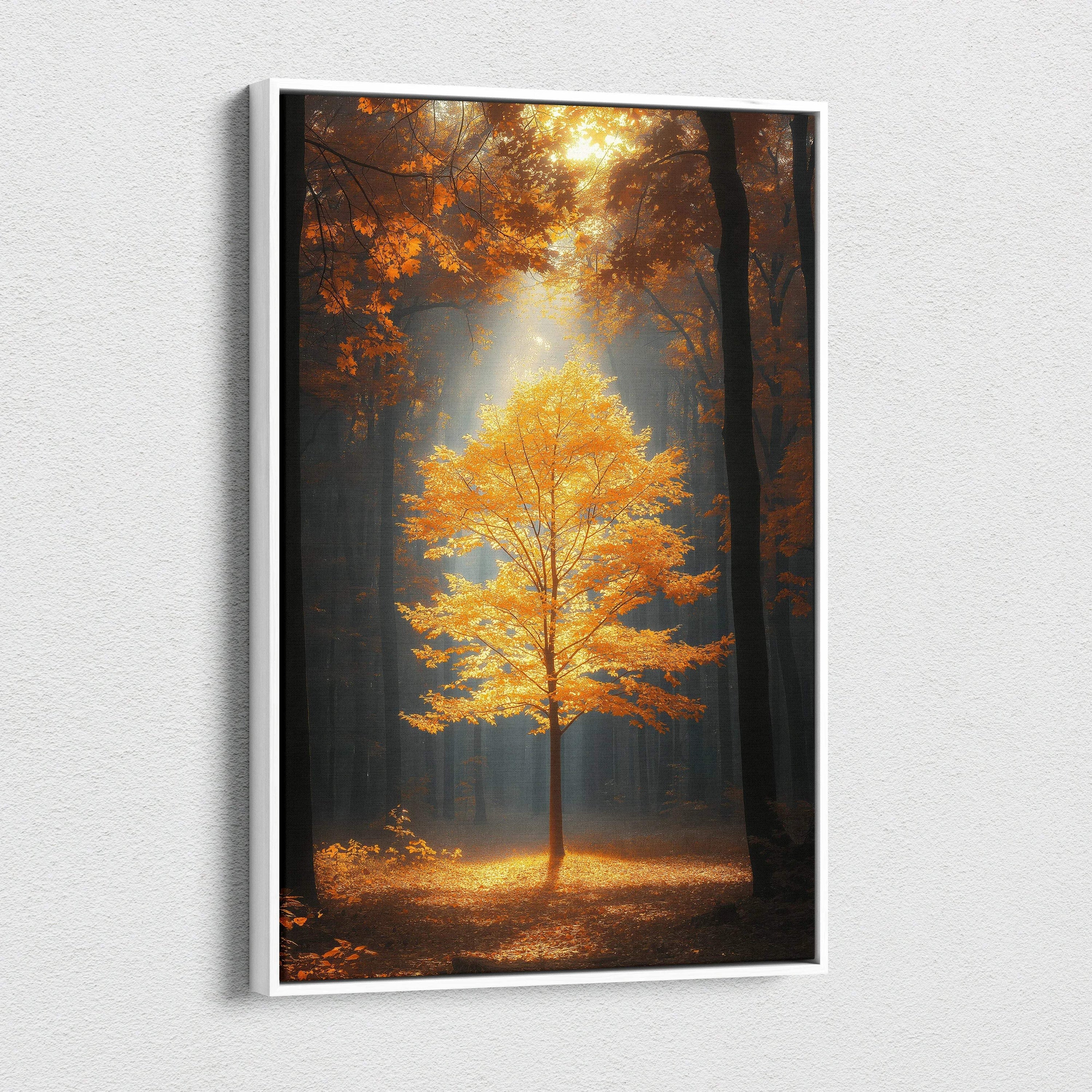 Vivid autumn tree with glowing orange leaves in dark forest canvas wall art print.