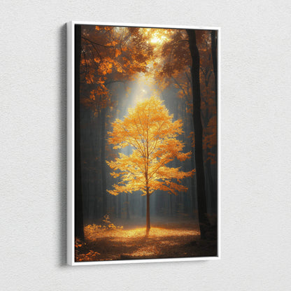 Vivid autumn tree with glowing orange leaves in dark forest canvas wall art print.
