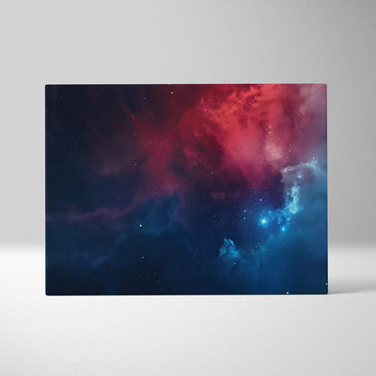 Abstract cosmic scene with deep red and blue hues on modern canvas wall art.
