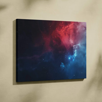 Modern abstract digital art canvas with deep red and blue cosmic design for wall art decor.