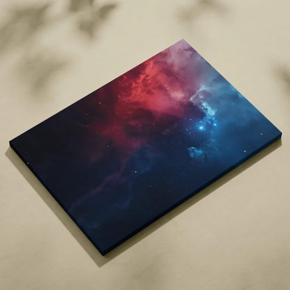 Abstract cosmic scene in red and blue tones on a modern digital art canvas wall art.