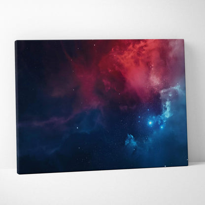 Abstract cosmic digital art canvas with deep red and blue nebula tones for wall decor.
