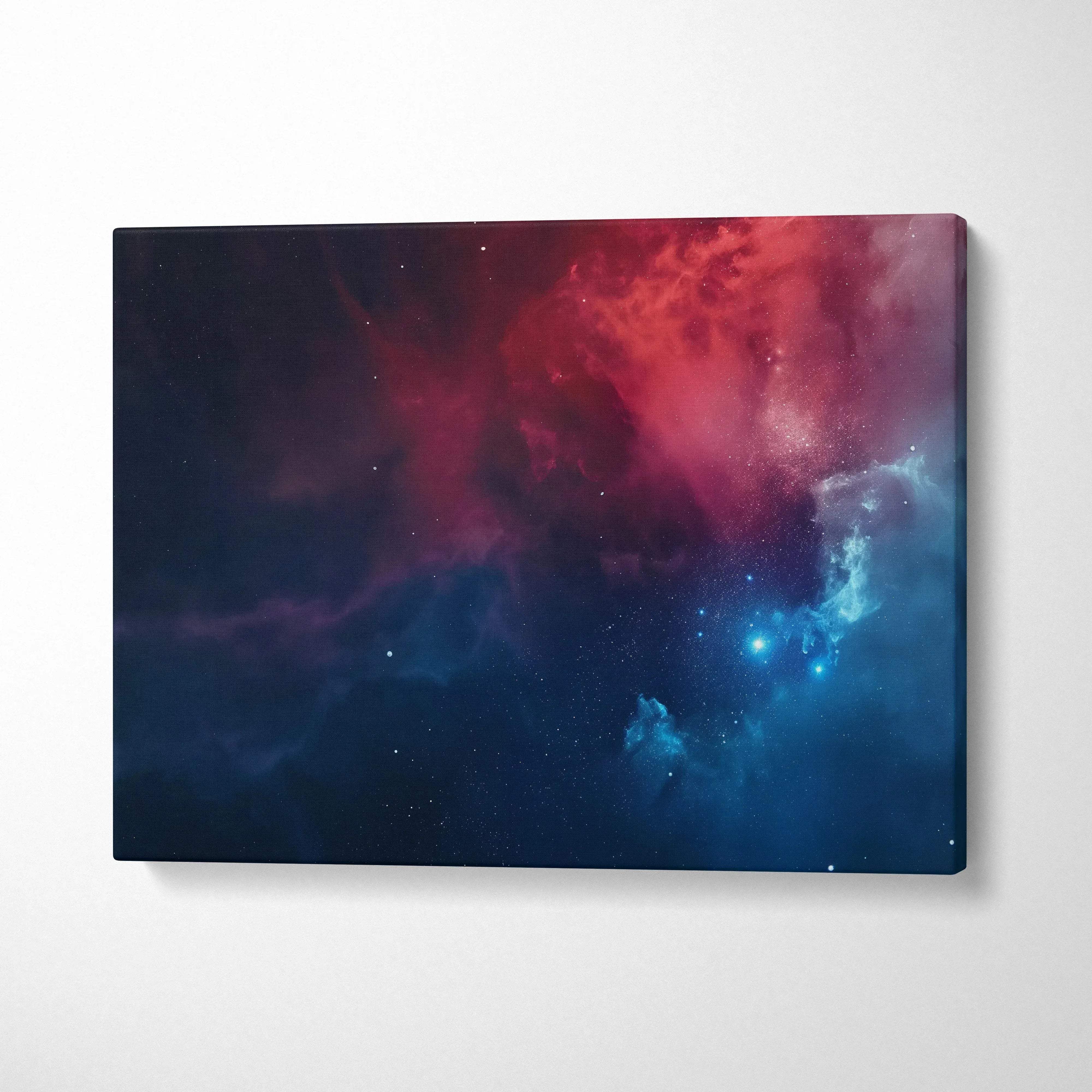 Abstract cosmic digital art with red and blue nebula on horizontal canvas wall art.