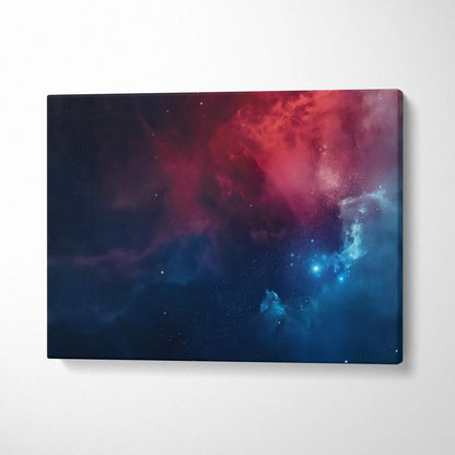 Abstract cosmic digital art with red and blue nebula on horizontal canvas wall art.