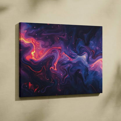Abstract digital art canvas wall art with swirling purple, blue, and fiery red colors.
