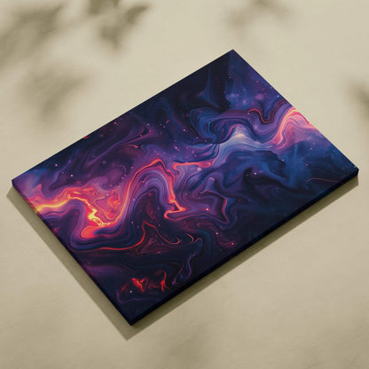 Abstract modern digital art canvas wall art with swirling purple, pink, and blue hues.