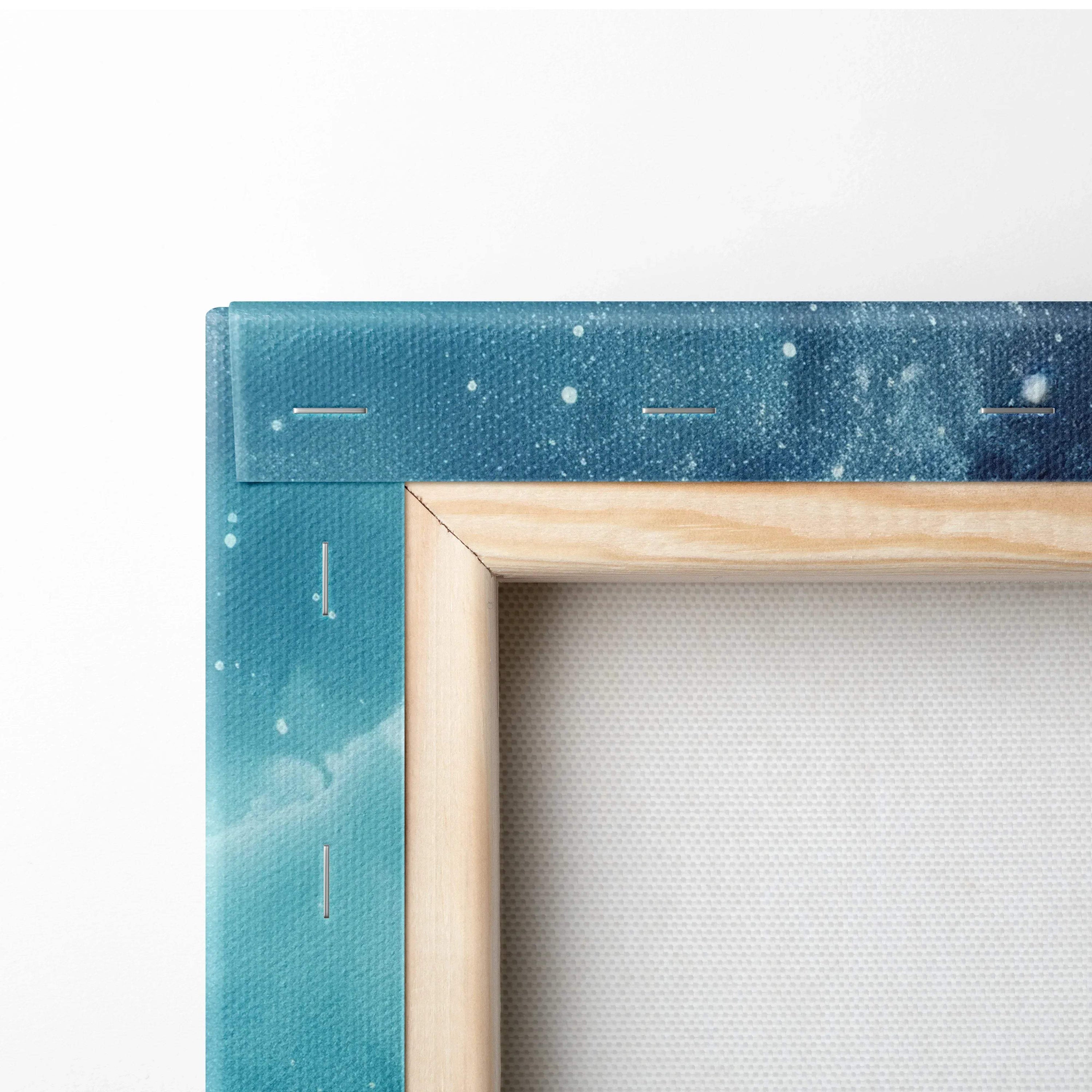 Close-up of vibrant abstract digital art canvas print with visible wooden frame and starry blue gradient wall art.