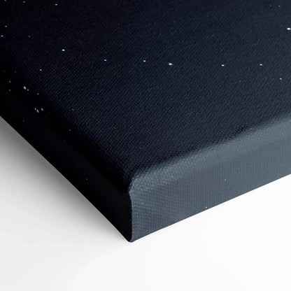 Black abstract digital art on textured canvas wall art with a subtle starry effect, corner close-up.