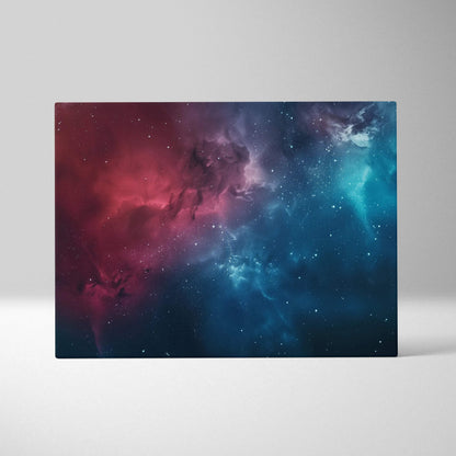 Vibrant abstract digital art canvas with red and blue cosmic nebula design wall art.