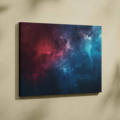 Abstract cosmic-themed canvas art with vibrant red and blue nebula clouds, wall art print.