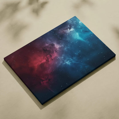 Vibrant abstract digital art canvas with red and blue nebula design wall art.