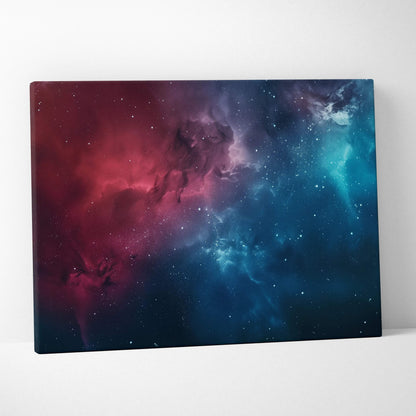 Abstract cosmic scene in red and blue hues on vibrant canvas wall art.